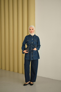 Cep Detay Bel Bağlamalı Kot Takım Lacivert