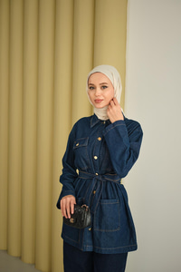 Cep Detay Bel Bağlamalı Kot Takım Lacivert