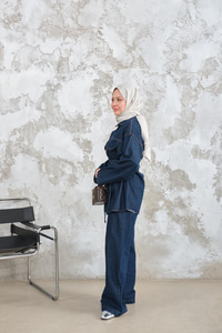 Cep Detay Bel Bağlamalı Kot Takım Lacivert