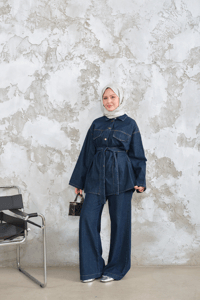 Cep Detay Bel Bağlamalı Kot Takım Lacivert