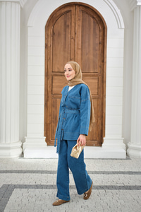 Cep Detay Bel Bağlamalı Kot Takım Mavi