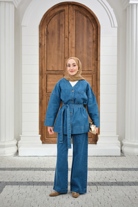 Cep Detay Bel Bağlamalı Kot Takım Mavi