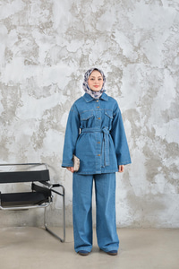 Cep Detay Bel Bağlamalı Kot Takım Mavi