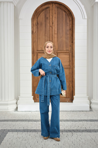 Cep Detay Bel Bağlamalı Kot Takım Mavi