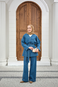 Cep Detay Bel Bağlamalı Kot Takım Mavi