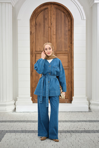 Cep Detay Bel Bağlamalı Kot Takım Mavi