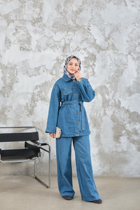 Cep Detay Bel Bağlamalı Kot Takım Mavi