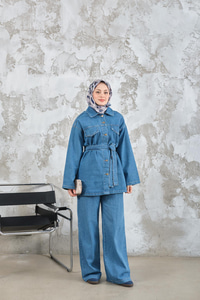 Cep Detay Bel Bağlamalı Kot Takım Mavi