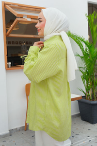 Cep Detay Çizgili Gömlek Fıstık Yeşil