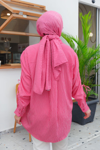 Cep Detay Çizgili Gömlek Fuşya