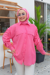 Cep Detay Çizgili Gömlek Fuşya