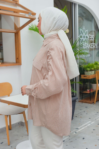 Cep Detay Çizgili Gömlek Vizon