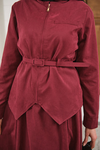 Cep Detay Fermuarlı Kemer Bağlamalı Etekli Takım Bordo