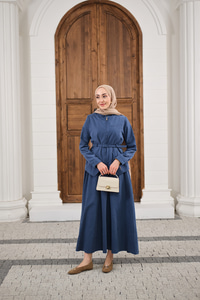 Cep Detay Fermuarlı Kemer Bağlamalı Etekli Takım İndigo Mavi