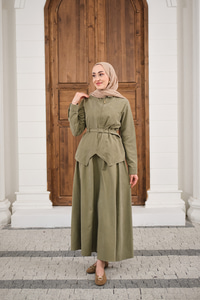 Cep Detay Fermuarlı Kemer Bağlamalı Etekli Takım Küf Yeşil