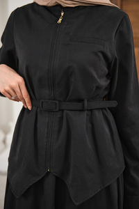 Cep Detay Fermuarlı Kemer Bağlamalı Etekli Takım Siyah