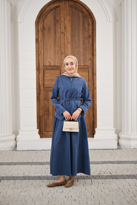 Cep Detay Fermuarlı Kemer Bağlamalı Etekli Takım İndigo Mavi