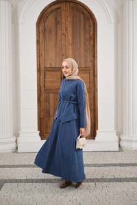 Cep Detay Fermuarlı Kemer Bağlamalı Etekli Takım İndigo Mavi