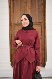 Cep Detay Fermuarlı Kemer Bağlamalı Etekli Takım Bordo