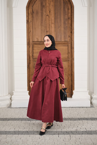 Cep Detay Fermuarlı Kemer Bağlamalı Etekli Takım Bordo