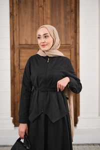 Cep Detay Fermuarlı Kemer Bağlamalı Etekli Takım Siyah