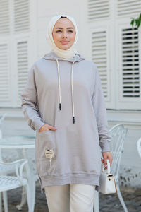 Cep Detay Kapüşonlu Tunik Gri