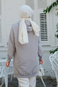 Cep Detay Kapüşonlu Tunik Gri