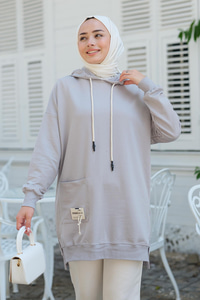 Cep Detay Kapüşonlu Tunik Gri