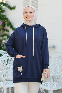 Cep Detay Kapüşonlu Tunik Lacivert