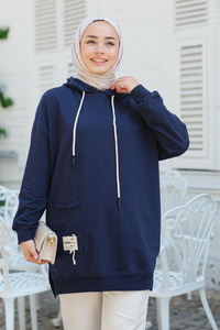 Cep Detay Kapüşonlu Tunik Lacivert