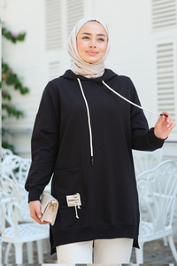 Cep Detay Kapüşonlu Tunik Siyah