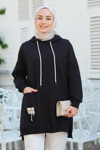 Cep Detay Kapüşonlu Tunik Siyah