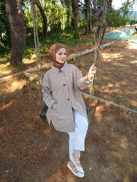 Cep Detay Pelerinli Ceket Taş