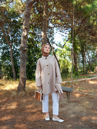 Cep Detay Pelerinli Ceket Taş