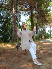 Cep Detay Pelerinli Ceket Taş