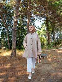 Cep Detay Pelerinli Ceket Taş