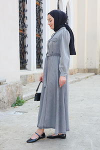 Cep Detaylı Elbise Gri