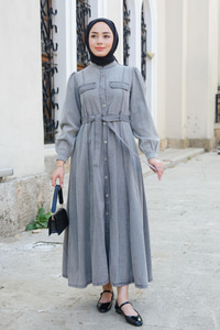 Cep Detaylı Elbise Gri