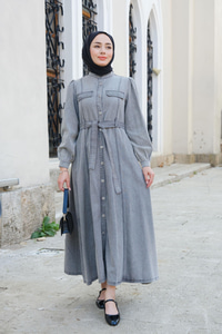 Cep Detaylı Elbise Gri