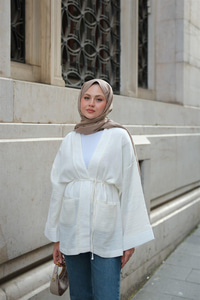 Cep Detaylı Keten Kimono Ekru