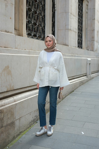 Cep Detaylı Keten Kimono Ekru