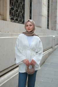 Cep Detaylı Keten Kimono Ekru