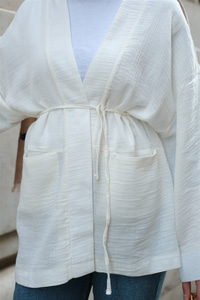 Cep Detaylı Keten Kimono Ekru