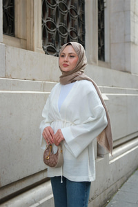 Cep Detaylı Keten Kimono Ekru