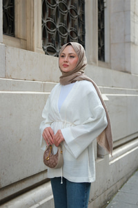 Cep Detaylı Keten Kimono Ekru