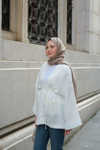 Cep Detaylı Keten Kimono Ekru