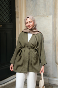 Cep Detaylı Keten Kimono Haki Yeşil