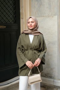 Cep Detaylı Keten Kimono Haki Yeşil