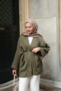 Cep Detaylı Keten Kimono Haki Yeşil