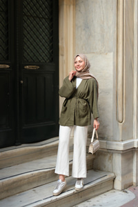 Cep Detaylı Keten Kimono Haki Yeşil